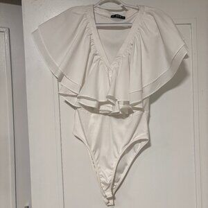 White Ruffle V Neck Flutter Sleeve Bodysuit